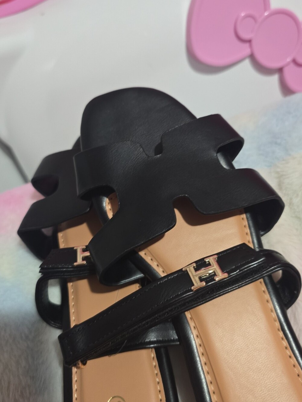 Black Leather Slide Sandals with H Accent
